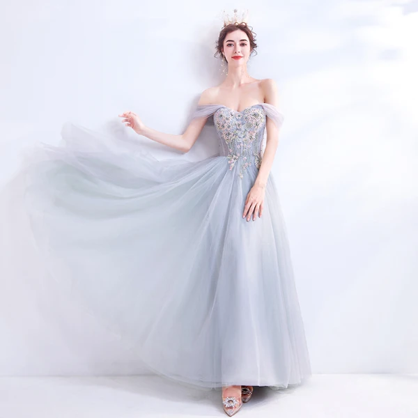 Classy Grey Prom Dresses 2020 A-Line / Princess Off-The-Shoulder Beading Crystal Lace Flower Sleeveless Backless Floor-Length / Long Formal Dresses