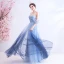 Charming Gradient-Color Sky Blue Evening Dresses  2020 A-Line / Princess Off-The-Shoulder Appliques Beading Crystal Rhinestone Sequins Short Sleeve Backless Floor-Length / Long Formal Dresses