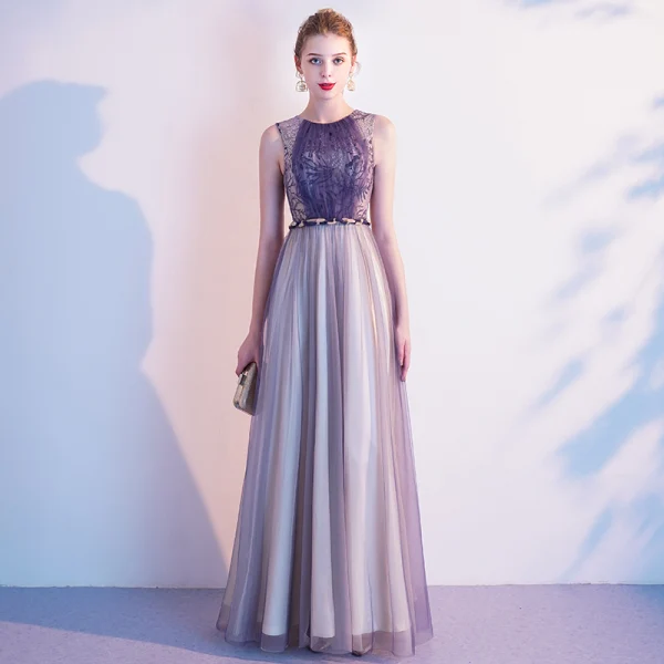 Chic / Beautiful Purple Evening Dresses  2020 A-Line / Princess Lace Scoop Neck Sleeveless Floor-Length / Long Formal Dresses