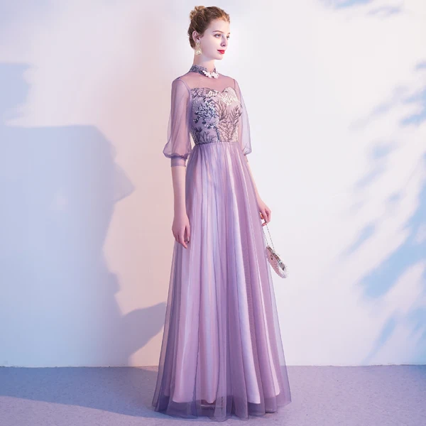 Chic / Belle Lavande Robe De Soirée 2020 Princesse Col Haut En Dentelle Fleur 1/2 Manches Dos Nu Longue Robe De Ceremonie