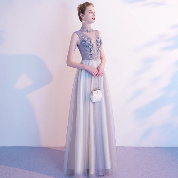 Elegant Grey Evening Dresses 2020 A-Line / Princess High Neck Pearl Rhinestone Lace Flower Sleeveless Floor-Length / Long Formal Dresses