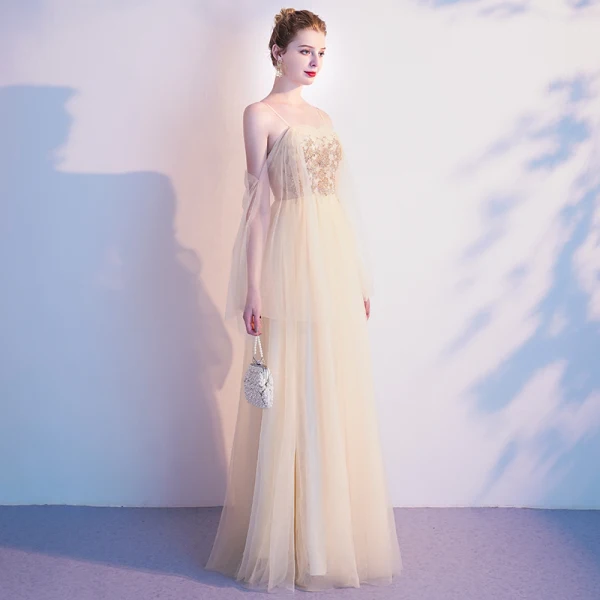Charmant Champagne Robe De Soirée 2020 Princesse Bretelles Spaghetti Perlage Paillettes Sans Manches Dos Nu Longue Robe De Ceremonie