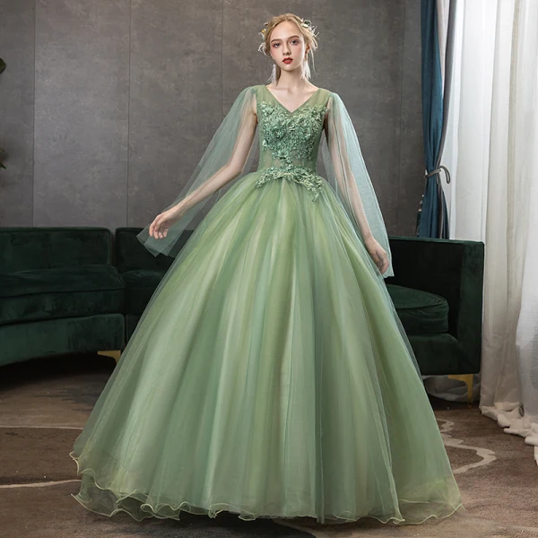 Elegant Lime Green Prom Dresses 2020 Ball Gown V-Neck Beading Rhinestone Lace Flower