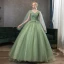 Elegant Lime Green Prom Dresses 2020 Ball Gown V-Neck Beading Rhinestone Lace Flower Short Sleeve Backless Floor-Length / Long Formal Dresses
