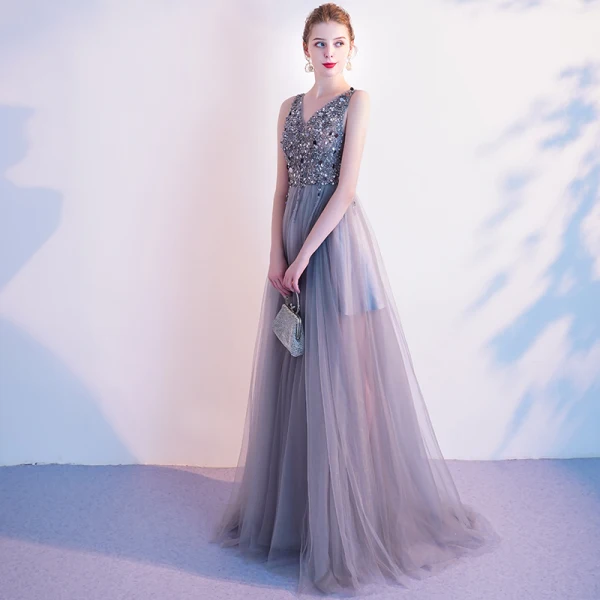 Elegant Grey Evening Dresses 2020 A-Line / Princess V-Neck Beading Sequins Sleeveless Backless Floor-Length / Long Formal Dresses