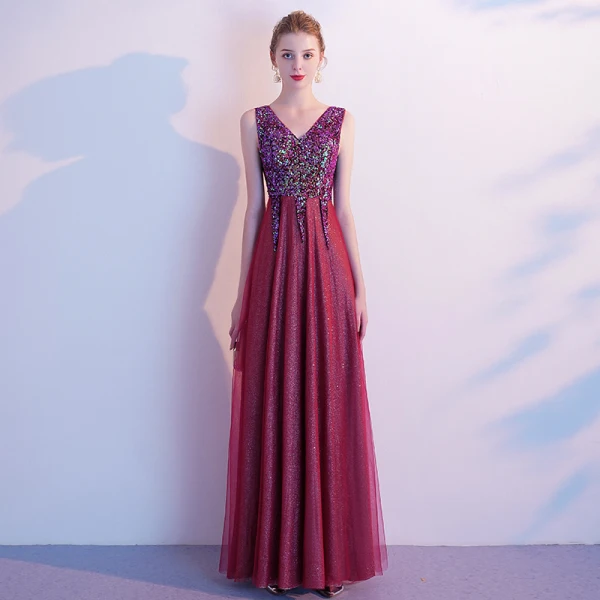 Classy Burgundy Evening Dresses  2020 A-Line / Princess V-Neck Sequins Sleeveless Backless Floor-Length / Long Formal Dresses