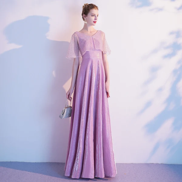Chic / Belle Rose Bonbon Robe De Soirée 2020 Princesse V-Cou Faux Diamant Manches Courtes Dos Nu Longue Robe De Ceremonie
