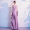 Chic / Beautiful Candy Pink Evening Dresses  2020 A-Line / Princess V-Neck Rhinestone Short Sleeve Backless Floor-Length / Long Formal Dresses