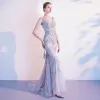Luxury / Gorgeous Grey Evening Dresses  2020 Trumpet / Mermaid V-Neck Handmade  Beading Rhinestone Sleeveless Backless Floor-Length / Long Formal Dresses