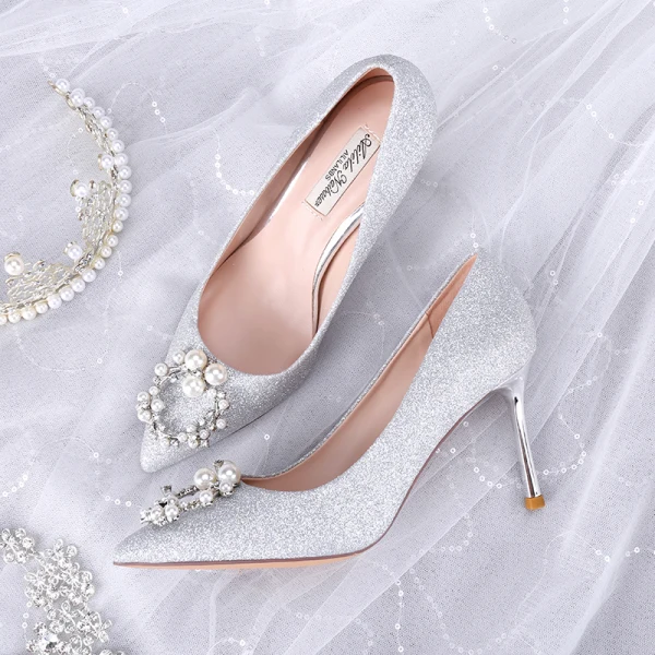 Fashion Glitter Silver Wedding Shoes 2020 Sequins Pearl Rhinestone 8 cm Stiletto Heels Pointed Toe Wedding Pumps