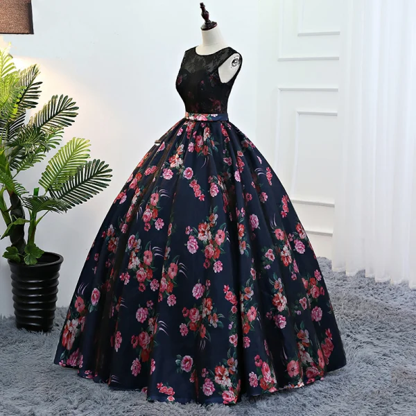Vintage Marineblau Quinceañera Ballkleider 2018 Ballkleid Drucken Rundhalsausschnitt Rückenfreies Ärmellos Lange Festliche Kleider