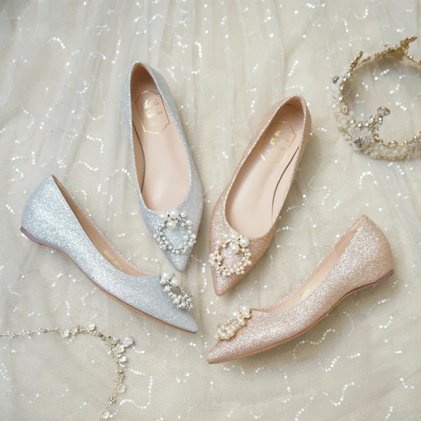Fashion Silver Flat Wedding Shoes 2020 Pearl Rhinestone Sequins Pointed Toe