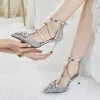 Glitter Zilveren Bruidsschoenen Polyester 2020 T-Strap Rhinestone Pailletten 8 cm Naaldhakken / Stiletto Spitse Neus Huwelijk Hoge Hakken