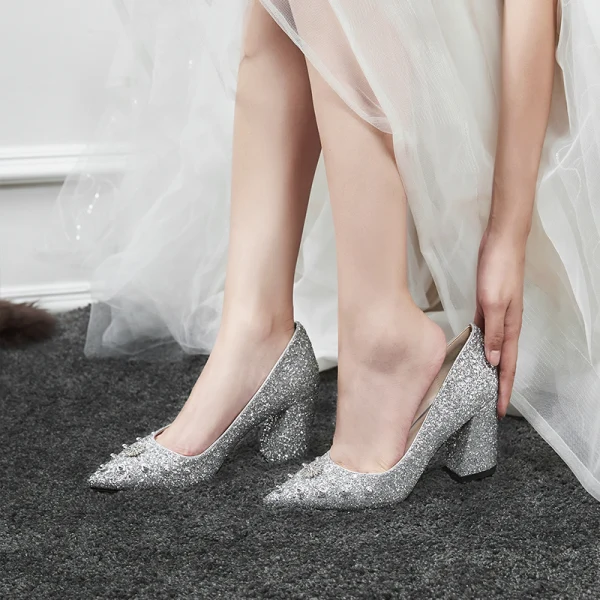 Sparkly Sølv Brudesko 2020 Rhinestone Klinke Paljetter 7 cm Tykk Hæler Spisse Bryllup Pumps