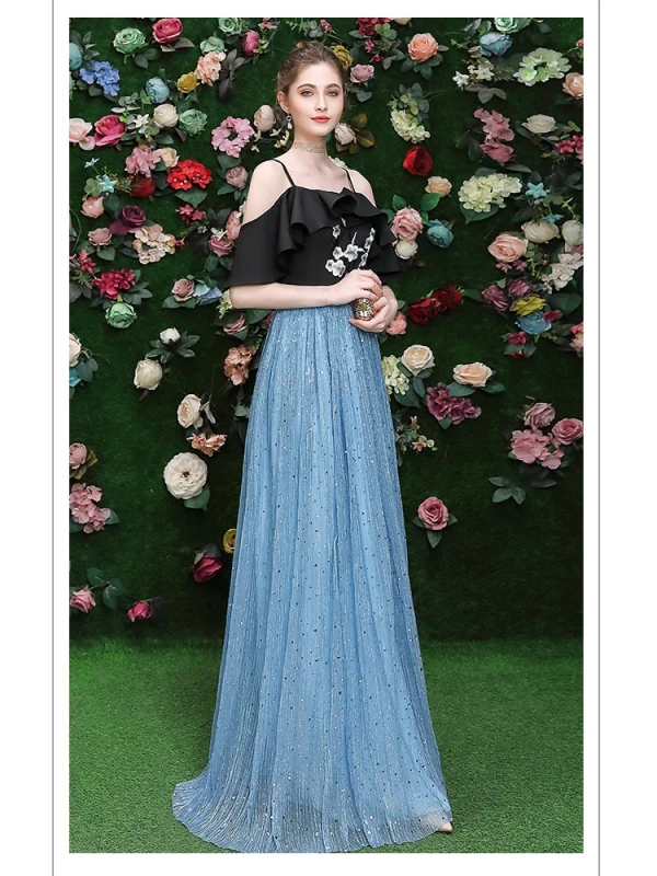 Chic / Belle Noire Robe De Soirée 2020 Princesse Bretelles Spaghetti Paillettes En Dentelle Fleur Manches Courtes Dos Nu Longue Robe De Ceremonie