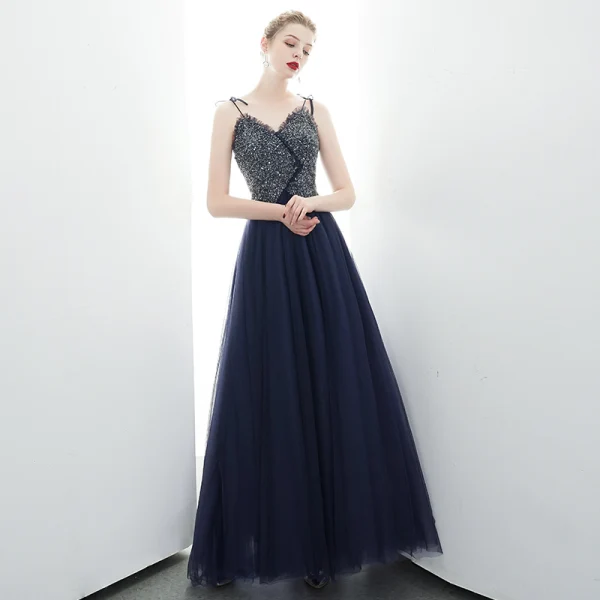 Chic Bleu Marine Robe De Soirée 2020 Princesse Bretelles Spaghetti Perlage Paillettes Sans Manches Dos Nu Longue Robe De Ceremonie