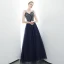 Chic Bleu Marine Robe De Soirée 2020 Princesse Bretelles Spaghetti Perlage Paillettes Sans Manches Dos Nu Longue Robe De Ceremonie