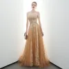 Charming Gold Evening Dresses  2020 A-Line / Princess Strapless Beading Sequins Lace Flower Sleeveless Backless Sweep Train Formal Dresses