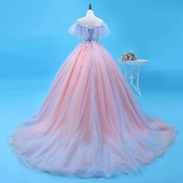 Schöne Himmelblau Rosa Quinceañera Ballkleider 2018 Ballkleid Applikationen Perlenstickerei Off Shoulder Rückenfreies Ärmellos Sweep / Pinsel Zug Festliche Kleider