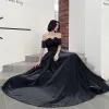 Eleganckie Czarne Sukienki Wieczorowe 2020 Princessa Przy Ramieniu Kótkie Rękawy Bez Pleców Długie Sukienki Wizytowe