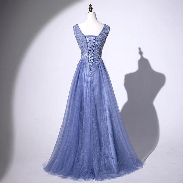 Chic / Belle Océan Bleu Robe De Soirée 2020 Princesse V-Cou Perlage Glitter Paillettes Sans Manches Dos Nu Longue Robe De Ceremonie