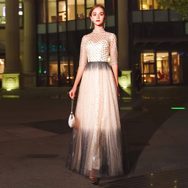 Sparkly Champagne Evening Dresses  2020 A-Line / Princess High Neck Beading Sequins 1/2 Sleeves Floor-Length / Long Formal Dresses