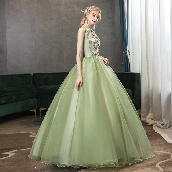 Elegante Lindgrün Ballkleider 2020 A Linie V-Ausschnitt Perle Spitze Blumen Ärmellos Rückenfreies Lange Festliche Kleider