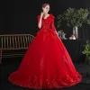 Charming Red Wedding Dresses 2020 A-Line / Princess V-Neck Beading Rhinestone Sequins Lace Flower 1/2 Sleeves Backless Cathedral Train
