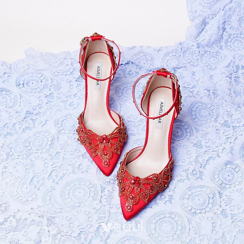 Red satin hot sale wedding shoes