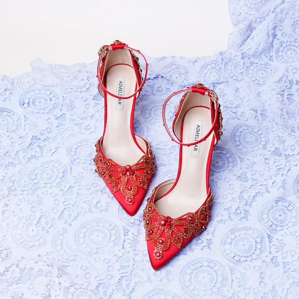 Uroczy Czerwone Buty Ślubne 2020 Satyna Z Paskiem Rhinestone 9 cm Szpilki Szpiczaste Ślub Wysokie Obcasy