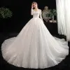Charming Ivory Wedding Dresses 2020 A-Line / Princess V-Neck Beading Lace Flower 3/4 Sleeve Backless Cathedral Train