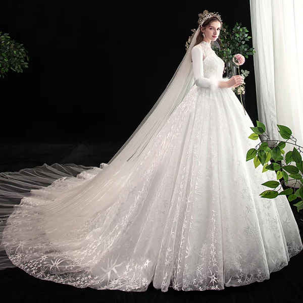 Vintage / Originale Style Chinois Ivoire Robe De Mariée 2020 Princesse Col Haut En Dentelle Fleur Étoile Paillettes 3/4 Manches Dos Nu Cathedral Train