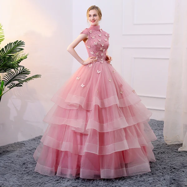 Chic / Beautiful Candy Pink Cascading Ruffles Prom Dresses 2018 Ball Gown Sash Butterfly High Neck Sleeveless Floor-Length / Long Formal Dresses