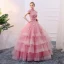 Chic / Beautiful Candy Pink Cascading Ruffles Prom Dresses 2018 Ball Gown Sash Butterfly High Neck Sleeveless Floor-Length / Long Formal Dresses
