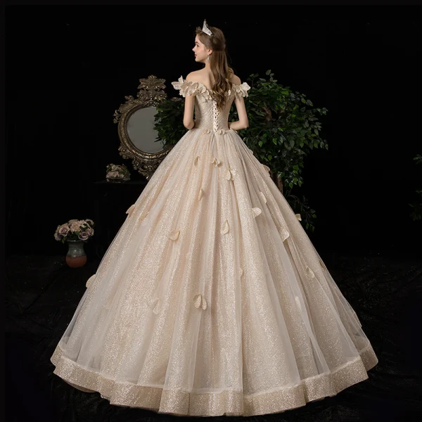 Luxury / Gorgeous Champagne Wedding Dresses 2020 A-Line / Princess Off-The-Shoulder Appliques Pearl Sequins Sleeveless Backless Floor-Length / Long