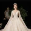 Luxury / Gorgeous Champagne Wedding Dresses 2020 A-Line / Princess V-Neck Beading Sequins Pearl Crystal Lace Flower Short Sleeve Backless Cathedral Train