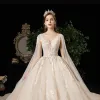 Luxury / Gorgeous Champagne Wedding Dresses 2020 A-Line / Princess V-Neck Beading Sequins Pearl Crystal Lace Flower Short Sleeve Backless Cathedral Train