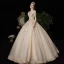 Victorian Style Vintage / Retro Champagne Wedding Dresses 2020 A-Line / Princess V-Neck Beading Pearl Rhinestone Lace Flower Sequins Short Sleeve Backless Floor-Length / Long