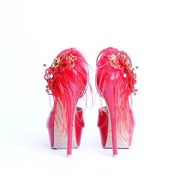 Moda Czerwone Buty Ślubne 2020 Pióro Z Paskiem Perła Rhinestone Cekiny Z Koronki Kwiat 14 cm Szpilki Okrągłe Toe Ślub Wysokie Obcasy