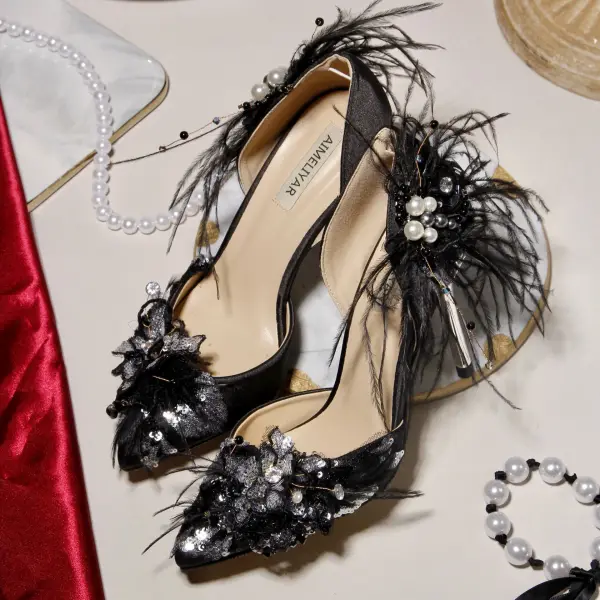 Charmant Schwarz Abend Damenschuhe 2020 Feder Perlenstickerei Strass Pailletten Perle 9 cm Stilettos Spitzschuh Hochhackige
