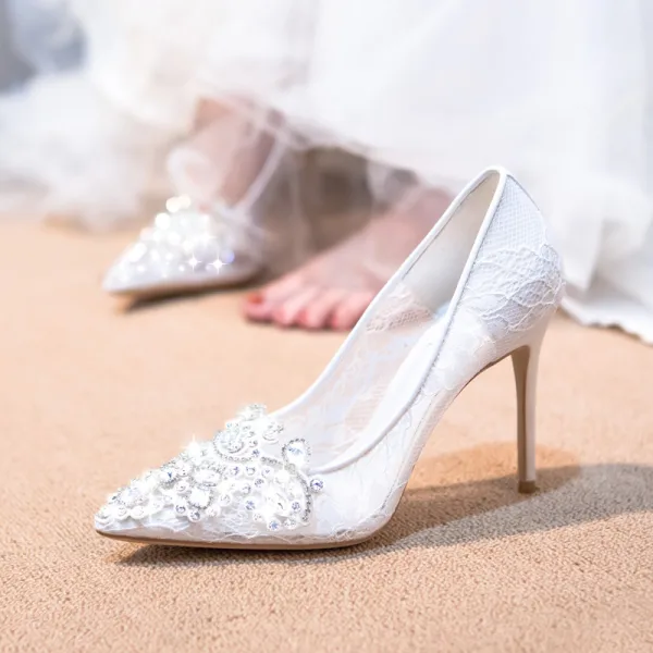 Chic / Beautiful Champagne Wedding Shoes 2020 Tulle Rhinestone 10 cm Stiletto Heels Pointed Toe Wedding Pumps