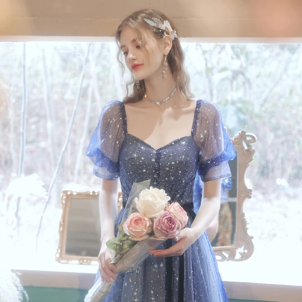 Fashion Ocean Blue Prom Dresses 2021 A-Line / Princess Square Neckline Rhinestone Sequins Short Sleeve Backless Bow Floor-Length / Long Formal Dresses