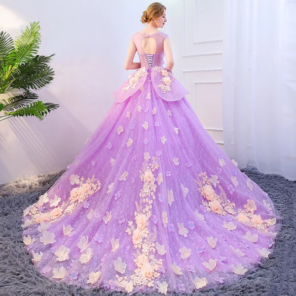 Flower Fairy Fuchsia Prom Dresses 2018 Ball Gown Appliques Pearl Scoop Neck Backless Sleeveless Court Train Formal Dresses