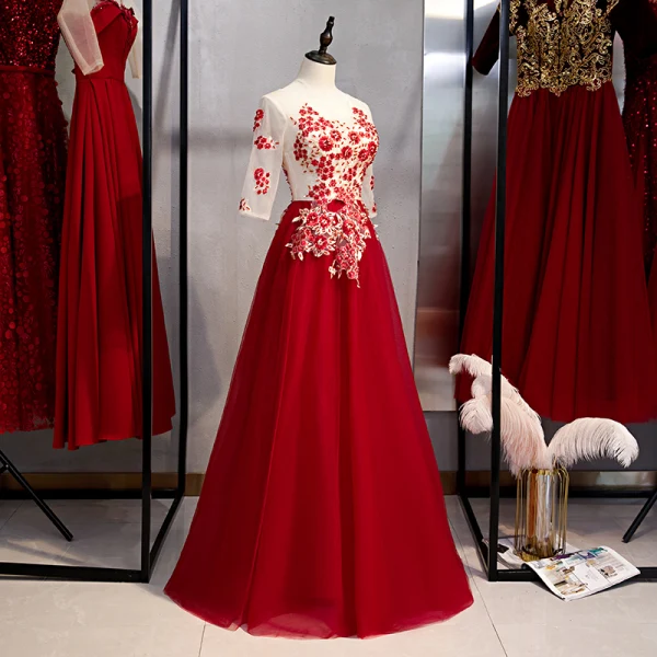 Chic / Belle Bordeaux Robe De Soirée 2020 Princesse Encolure Dégagée Perlage Perle En Dentelle Fleur 1/2 Manches Longue Robe De Ceremonie