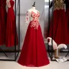 Chic / Beautiful Burgundy Evening Dresses  2020 A-Line / Princess Scoop Neck Beading Pearl Lace Flower 1/2 Sleeves Floor-Length / Long Formal Dresses
