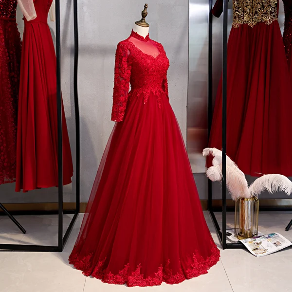 Affordable Chinese style Burgundy Evening Dresses 2020 A-Line / Princess High Neck Beading Lace Flower Long Sleeve Backless Floor-Length / Long Formal Dresses