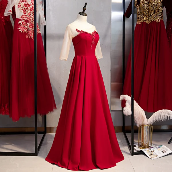 Elegant Burgundy Evening Dresses 2020 A-Line / Princess Scoop Neck Rhinestone Pearl Lace Flower 3/4 Sleeve Backless Floor-Length / Long Formal Dresses