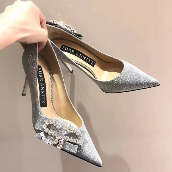 Scintillantes Argenté Soirée Glitter Escarpins 2020 Cuir Faux Diamant Paillettes Noeud 7 cm Talons Aiguilles À Bout Pointu Escarpins