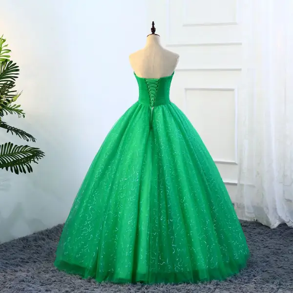 Vintage Grønn Quinceañera Ballkjoler 2018 Ballkjole Rhinestone Paljetter Kjæreste Ryggløse 1/2 Ermer Lange Formelle Kjoler