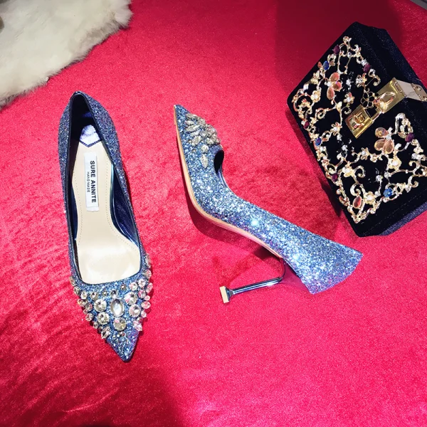 Charmant Océan Bleu Glitter Soirée Escarpins 2020 Cuir Paillettes Faux Diamant 9 cm Talons Aiguilles À Bout Pointu Escarpins